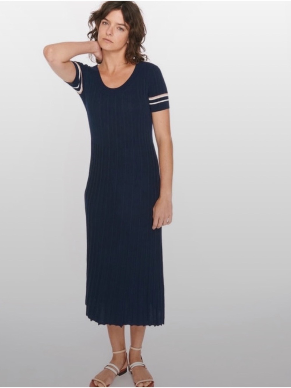Wray Navy Short-Sleeve Ribbed Maxi Dress with Stripe Detail- pima cotton